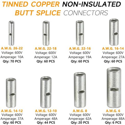 SVAAR 380PCS Non Insulated Butt Connectors Kit Butt Splice Connector Uninsulated Wire Splice Connectors for 26 to 6 Gauge Wire Marine Grade Tinned Copper Seamless Barrel Crimp Butt Splice Terminals in Kuwait