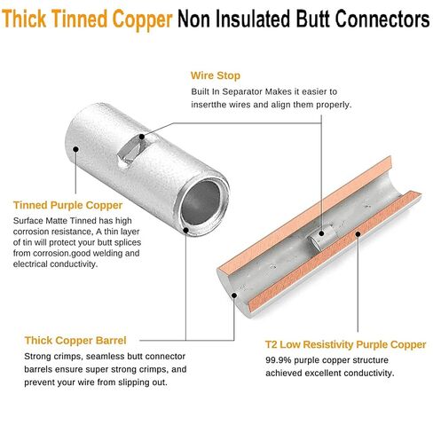 SVAAR 380PCS Non Insulated Butt Connectors Kit Butt Splice Connector Uninsulated Wire Splice Connectors for 26 to 6 Gauge Wire Marine Grade Tinned Copper Seamless Barrel Crimp Butt Splice Terminals in Kuwait