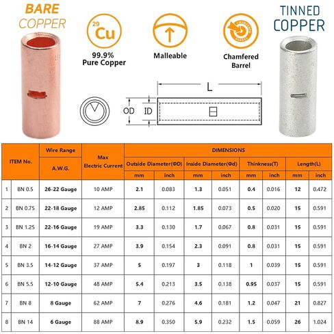 SVAAR 380PCS Non Insulated Butt Connectors Kit Butt Splice Connector Uninsulated Wire Splice Connectors for 26 to 6 Gauge Wire Marine Grade Tinned Copper Seamless Barrel Crimp Butt Splice Terminals in Kuwait