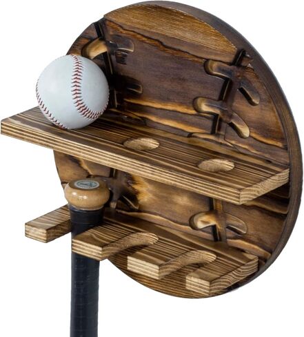 MyGift Wall Mounted Rustic Burnt Solid Wood Baseball Bat Hanger and Ball Display Shelf, Hanging Holder Rack with Sports Themed Wooden Board for 3 Bats and 3 Baseballs in Saudi Arabia