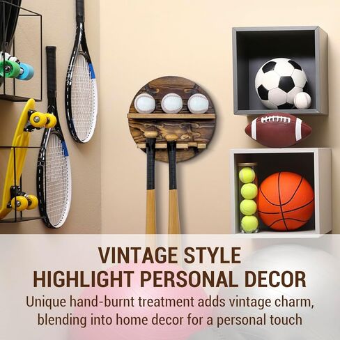MyGift Wall Mounted Rustic Burnt Solid Wood Baseball Bat Hanger and Ball Display Shelf, Hanging Holder Rack with Sports Themed Wooden Board for 3 Bats and 3 Baseballs in Saudi Arabia