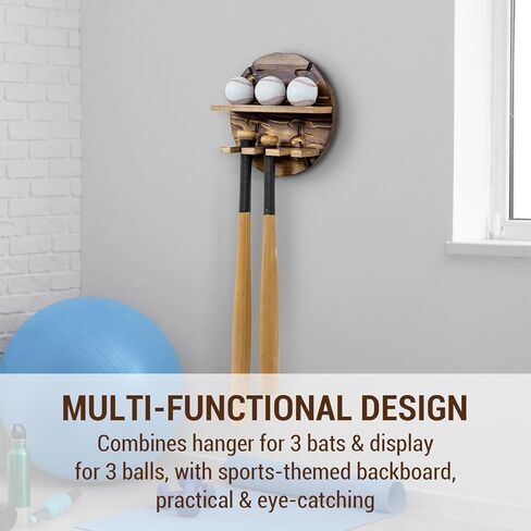 MyGift Wall Mounted Rustic Burnt Solid Wood Baseball Bat Hanger and Ball Display Shelf, Hanging Holder Rack with Sports Themed Wooden Board for 3 Bats and 3 Baseballs in Saudi Arabia