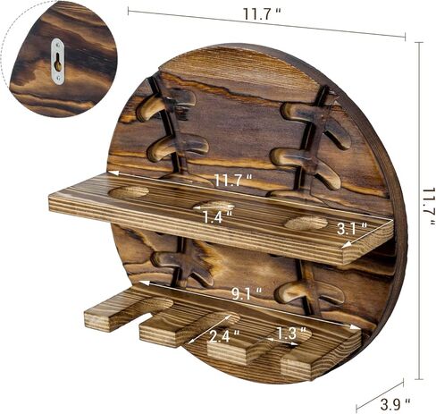 MyGift Wall Mounted Rustic Burnt Solid Wood Baseball Bat Hanger and Ball Display Shelf, Hanging Holder Rack with Sports Themed Wooden Board for 3 Bats and 3 Baseballs in Saudi Arabia