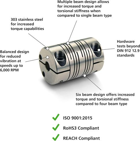 Ruland FCR16-6-6-A Clamping Beam اقتران ، الألومنيوم المصقول ، بوصة ، 3/8 "قطرها ، 3/8" قطر B ، 1 "OD ، طول 1-1/2" ، 33 رطلًا عزم الدوران الاسمي in Saudi Arabia