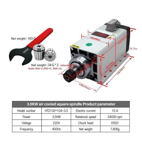 3.5kw محرك المغزل 220V ER20 400Hz 24000RPM + ER20A WRENCH + 2 PCS ER20 Chuck 1/2 inch 10mm in Kuwait