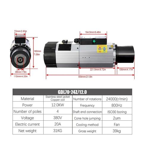 12 كيلو واط AC 380V ثلاث مراحل مغزل أوتوماتيكي 800Hz 24000 دورة في الدقيقة ISO30 H63 (ISO30) in Kuwait