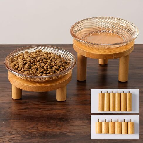 Raised Whisker Fatigue Cat Bowl. Glass Cat Bowls Elevated with Wooden Legs in 2 Heights. Protect The Spine and Prevent Vomiting. 2PCS. KGCCIZI in Kuwait