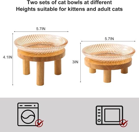 Raised Whisker Fatigue Cat Bowl. Glass Cat Bowls Elevated with Wooden Legs in 2 Heights. Protect The Spine and Prevent Vomiting. 2PCS. KGCCIZI in Kuwait