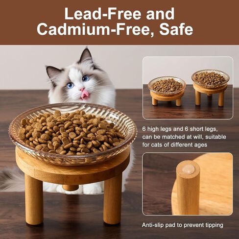 Raised Whisker Fatigue Cat Bowl. Glass Cat Bowls Elevated with Wooden Legs in 2 Heights. Protect The Spine and Prevent Vomiting. 2PCS. KGCCIZI in Kuwait