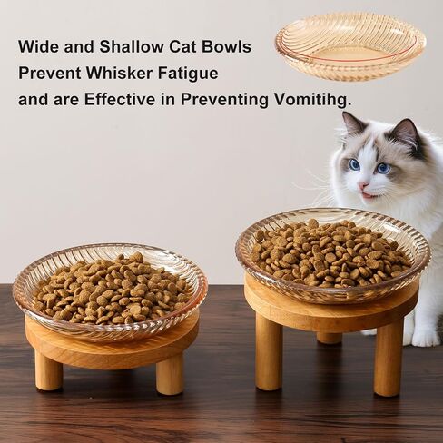 Raised Whisker Fatigue Cat Bowl. Glass Cat Bowls Elevated with Wooden Legs in 2 Heights. Protect The Spine and Prevent Vomiting. 2PCS. KGCCIZI in Kuwait