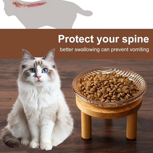 Raised Whisker Fatigue Cat Bowl. Glass Cat Bowls Elevated with Wooden Legs in 2 Heights. Protect The Spine and Prevent Vomiting. 2PCS. KGCCIZI in Kuwait