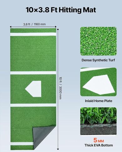 VEVOR 10'X3.8 'Baseball Softball Hittting Stap ، حصيرة داخلية/خارجية مضادة للانزلاق مكافحة الذروة ، وأساعد تدريب على دعم الرغوة مع الحبل ، وحصير الممارسة المحمولة ، والأخضر in Saudi Arabia