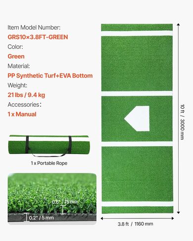 VEVOR 10'X3.8 'Baseball Softball Hittting Stap ، حصيرة داخلية/خارجية مضادة للانزلاق مكافحة الذروة ، وأساعد تدريب على دعم الرغوة مع الحبل ، وحصير الممارسة المحمولة ، والأخضر in Saudi Arabia