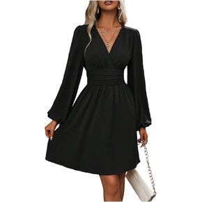 SOLY HUX Women's Elegant Dress V Neck Long Sleeve High Waist Swing Prom Cocktail Short Dresses in Kuwait