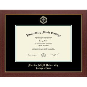 Florida A&M University 17" w x 11" h Diploma Frame - Fits College of Law - Gold Embossed Diploma Frame - Mahogany Moulding with Black and Tartan Green Matting - Officially Licensed in Kuwait