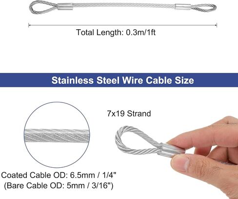 uxcell 3/16 "(5mm) 1ft (300mm) 304 حبل سلك كابل من الفولاذ المقاوم للصدأ مع نهايات حلقة 7 × 19 سلك الطائرات المطلي بلغة PVC الأساسية لخارجية التزوير البحرية التزيين. in Saudi Arabia