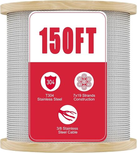 3/8 Stainless Steel Cable with 7x19 Strands and 12000lbs Breaking Strength 304 Stainless Steel Wire Rope for Aircraft Cable 150FT in Saudi Arabia
