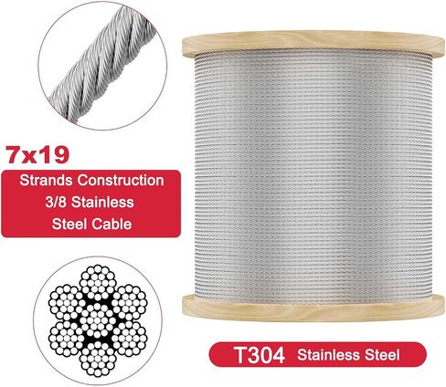 3/8 Stainless Steel Cable with 7x19 Strands and 12000lbs Breaking Strength 304 Stainless Steel Wire Rope for Aircraft Cable 150FT in Saudi Arabia