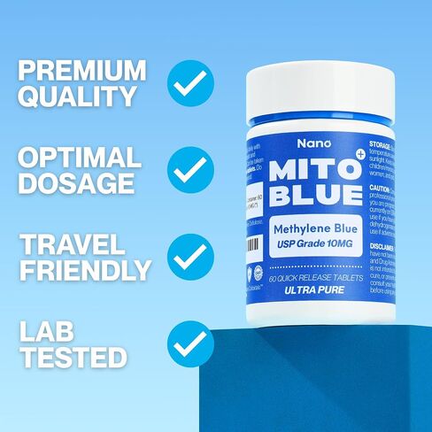 Methylene Blue Pharmaceutical Grade Capsules - USP Grade, 60 High Purity Tablets for Humans | Mitochondrial & Cognitive Support Supplement | 10mg Pills - Easy Dose Alternative to Drops - Lab Tested in Saudi Arabia