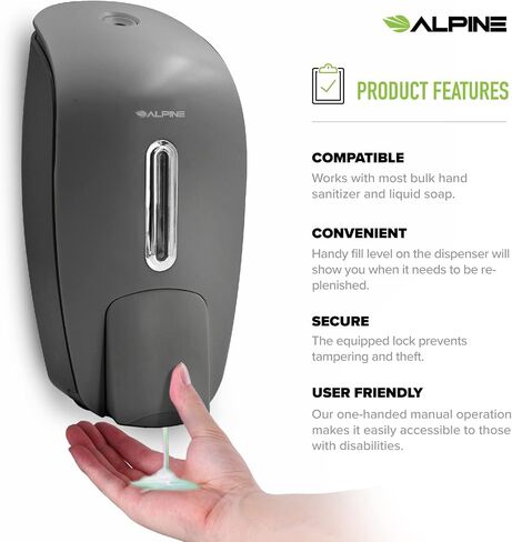 Alpine Manual Soap Dispenser Wall Mount - Commercial Soap Dispenser Wall Mounted for Liquid Soap & Hand Sanitizer in Bathroom, Kitchen, Refillable Large 800 ml Capacity (Grey) in Kuwait