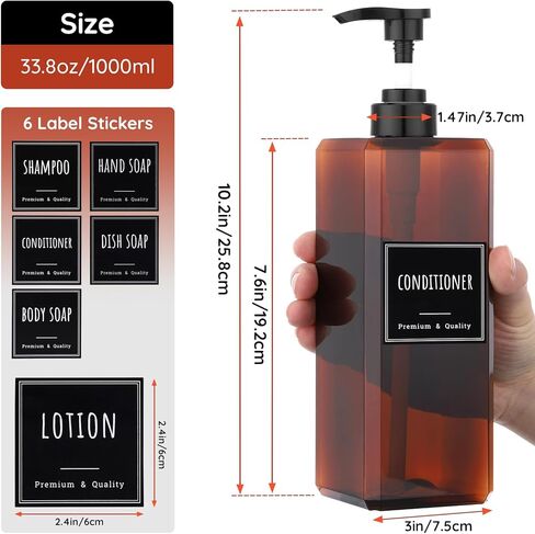 Segbeauty 33.8oz Shampoo and Conditioner Dispenser with Labels, 2pcs Refillable Plastic Empty Lotion Soap Dispenser Liquid Container for Bathroom, 1000ml Gray Large Pump Bottle, Sqaure Lotion Bottles in Saudi Arabia