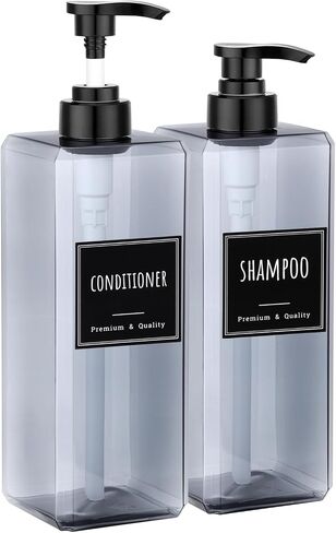 Segbeauty 33.8oz Shampoo and Conditioner Dispenser with Labels, 2pcs Refillable Plastic Empty Lotion Soap Dispenser Liquid Container for Bathroom, 1000ml Gray Large Pump Bottle, Sqaure Lotion Bottles in Saudi Arabia