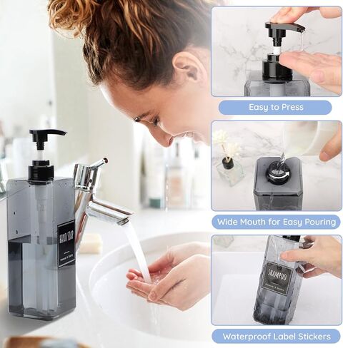 Segbeauty 33.8oz Shampoo and Conditioner Dispenser with Labels, 2pcs Refillable Plastic Empty Lotion Soap Dispenser Liquid Container for Bathroom, 1000ml Gray Large Pump Bottle, Sqaure Lotion Bottles in Saudi Arabia
