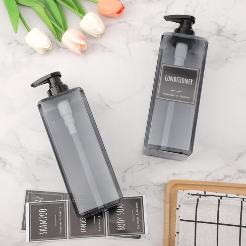 Segbeauty 33.8oz Shampoo and Conditioner Dispenser with Labels, 2pcs Refillable Plastic Empty Lotion Soap Dispenser Liquid Container for Bathroom, 1000ml Gray Large Pump Bottle, Sqaure Lotion Bottles in Saudi Arabia