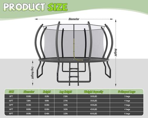 8FT 10FT 12FT 14FT 15FT 16FT Outdoor Trampoline with Enclosure Net and Ladder, Recreational Trampolines for Kids and Adults, Quick Connect Frame, ASTM Approval in Saudi Arabia