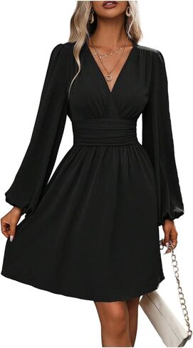 SOLY HUX Women's Elegant Dress V Neck Long Sleeve High Waist Swing Prom Cocktail Short Dresses in Saudi Arabia