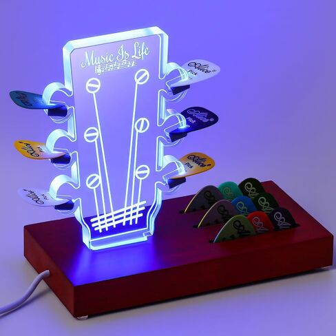 Light up Guitar Pick Holder RGB Acrylic Electric Guitar Headstock Shaped Pick Holder 7 Colors Display Storage Accessories with Base for Music Guitar Players Musician Guitarist Lovers Gift in Saudi Arabia