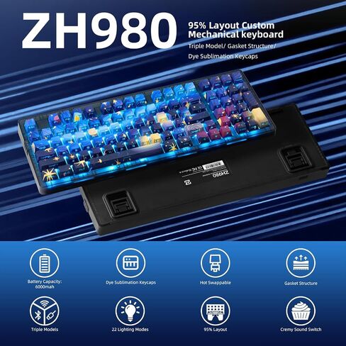 ZORNHER ZH980 Wireless Mechanical Gaming Keyboard,95% Blue Hot-Swappable Custom Creamy Keyboard with Number Pad,Shine Through Dye Sublimation PBT Keycaps,Pre-lubed Linear Switches,RGB Backlit in Kuwait