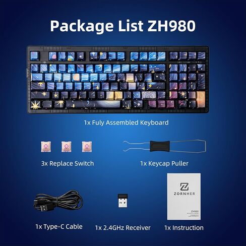 ZORNHER ZH980 Wireless Mechanical Gaming Keyboard,95% Blue Hot-Swappable Custom Creamy Keyboard with Number Pad,Shine Through Dye Sublimation PBT Keycaps,Pre-lubed Linear Switches,RGB Backlit in Kuwait