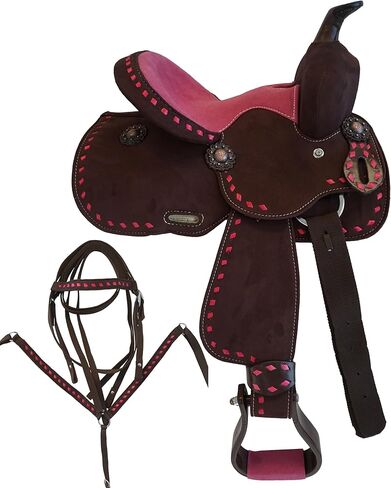 12 "Western Buckstitch السرج الاصطناعي مع مقعد من جلد الغزال الملون مع مطابقة HeadStall PrestCollar in Kuwait