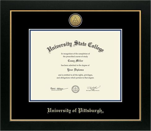 University of Pittsburgh At Bradford 11" w x 8.5" h Diploma Frame - Fits a bachelor's - Gold Engraved Medallion Diploma Frame - Black Moulding with Black and Royal Blue Matting in Saudi Arabia