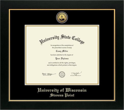 University of Wisconsin Stevens Point 10"w x 8"h Diploma Frame - Fits a bachelor's - Gold Engraved Medallion Diploma Frame - Black Moulding with Black and Gold Matting - Officially Licensed in Saudi Arabia
