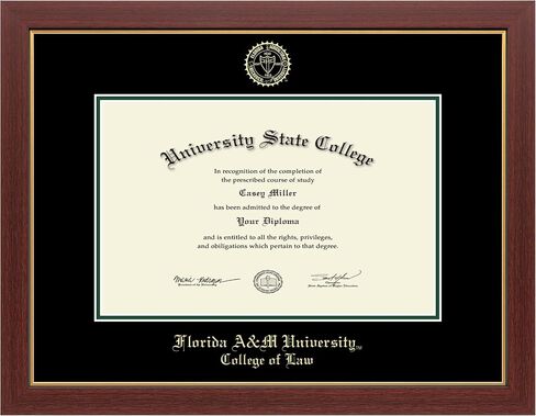 Florida A&M University 17" w x 11" h Diploma Frame - Fits College of Law - Gold Embossed Diploma Frame - Mahogany Moulding with Black and Tartan Green Matting - Officially Licensed in Kuwait