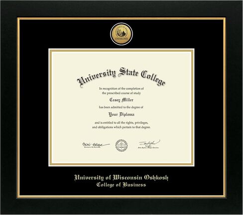 University of Wisconsin Oshkosh 10" w x 8" h Diploma Frame - Fits a bachelor's and master's - Gold Engraved Medallion Diploma Frame - Black Moulding with Black and Gold Matting in Saudi Arabia