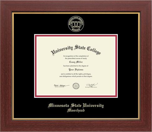 جامعة ولاية مينيسوتا Moorhead 8 "W X 6" H Diploma Frame - يناسب إطار الدبلوم الذهبي المنقوش بالذهول - Mahogany abliding مع الحصير الأسود والأحمر - مرخص رسميًا in Saudi Arabia