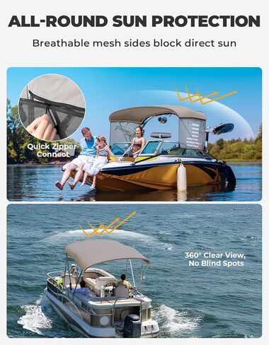Kemimoto 3 Bow Bimini Top Placeming مع شبكات قابلة للفصل الجدران الجانبية 600D Canvas Canvas الغطاء الثقيل قارب المظلة الظل مقاوم للماء. in Saudi Arabia