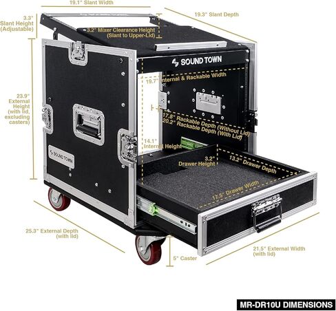 Sound Town 16U PA DJ Pro Audio Rack/Road ATA Case with 2U Drawer, 11U Slant Mixer Top, Two DJ Work Tables, Casters, Pro Tour Grade (MR-DR16UT2) in Saudi Arabia