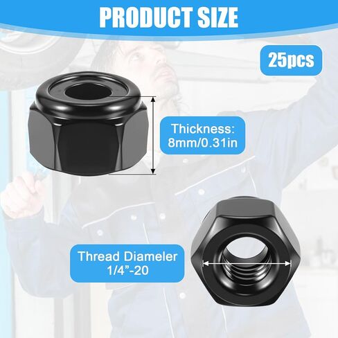 25 Pcs 1/4-20 Nut, M6 Nut, Hardware Nuts, Black Stainless Steel Nylon Insert Locknuts, 11mm Hex Self-Locking Fasteners in Saudi Arabia