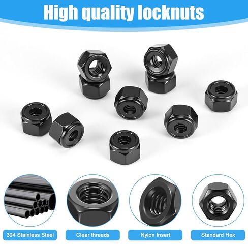 25 Pcs 1/4-20 Nut, M6 Nut, Hardware Nuts, Black Stainless Steel Nylon Insert Locknuts, 11mm Hex Self-Locking Fasteners in Saudi Arabia