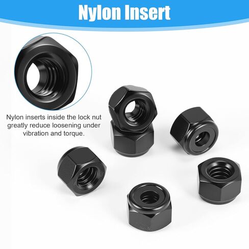 25 Pcs 1/4-20 Nut, M6 Nut, Hardware Nuts, Black Stainless Steel Nylon Insert Locknuts, 11mm Hex Self-Locking Fasteners in Saudi Arabia