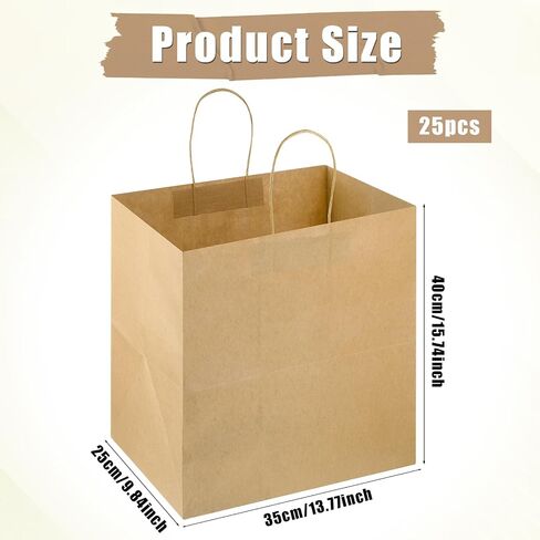KALIONE Kraft Paper Bags, 25 Count 14" L x 10" W x 15.75" H Ultra Wide Large Paper Gift Bag with Handles, Large Brown Kraft Paper Bag for Takeouts, Shopping, Baby Shower, Food Packing, Gifts in Saudi Arabia