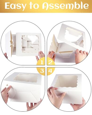 qiqee White 8x8x5 Cake Box, 4 Sets White Cake Box with Window ＆ 4 Sets 8" White Cake Round Boards, 8inch Cake Containers in Kuwait