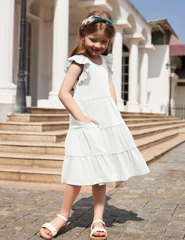 Arshiner Toddler Dress Girls Summer Ruffle Sleeve Tiered Swing Midi Casual Sundress with Pockets in Saudi Arabia