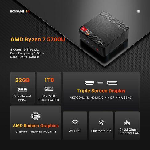 Mini PC AMD Ryzen 5 3550H, 16GB DDR4 512GB SSD, Radeon Vega 8 Graphics (1.2GHz), Mini Desktop Computer Dual LAN /WiFi5/BT5/Home Media Server in Kuwait
