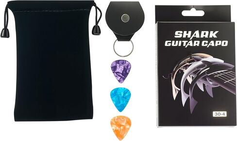 shark Capo， Suitable for acoustic guitar, electric guitar, classical guitar, with 3 picks, 1 pick bag, 1 velvet bag, zinc alloy material capo (Wood color) in Saudi Arabia