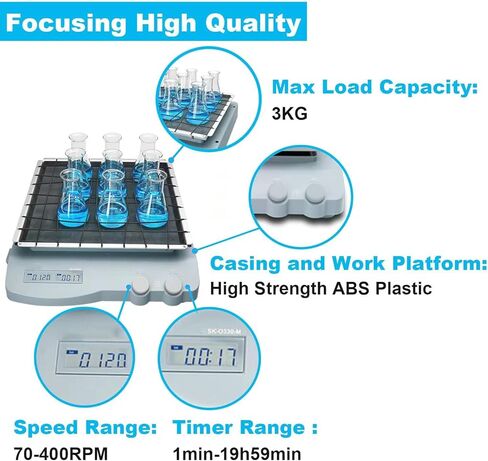 Digital Lab Orbital Shaker, 70-400RPM Mixer with Stretchable Rope Slot, 3kg Capacity, Circular Motion, 1min-19h59min Timer for Erlenmeyer Flasks & Petri Dishes in Saudi Arabia